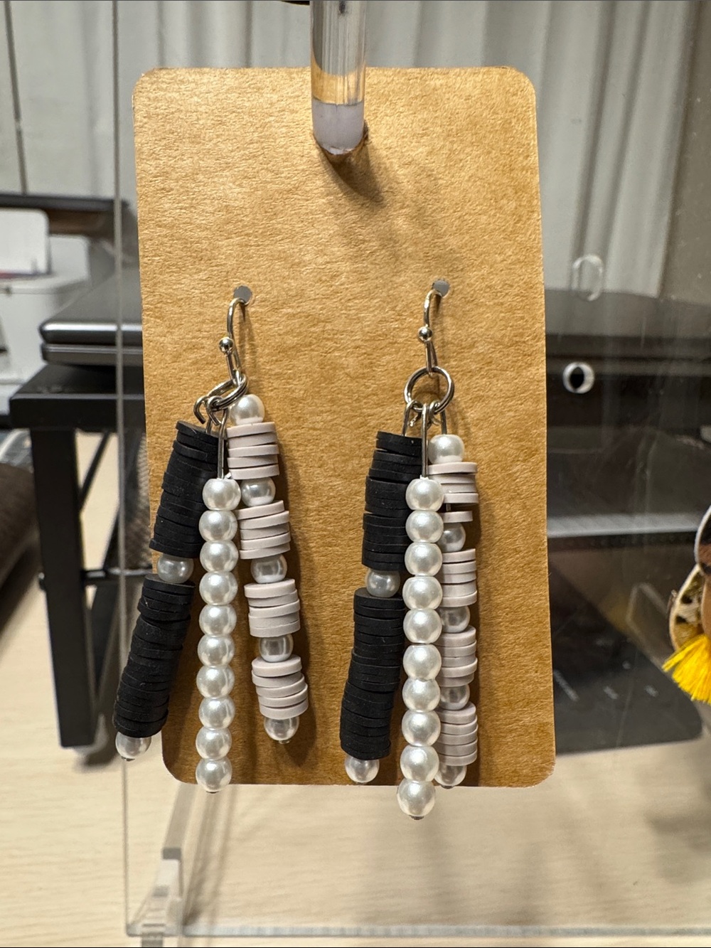 Pearl & Bead Drop Earrings in Black and Grey